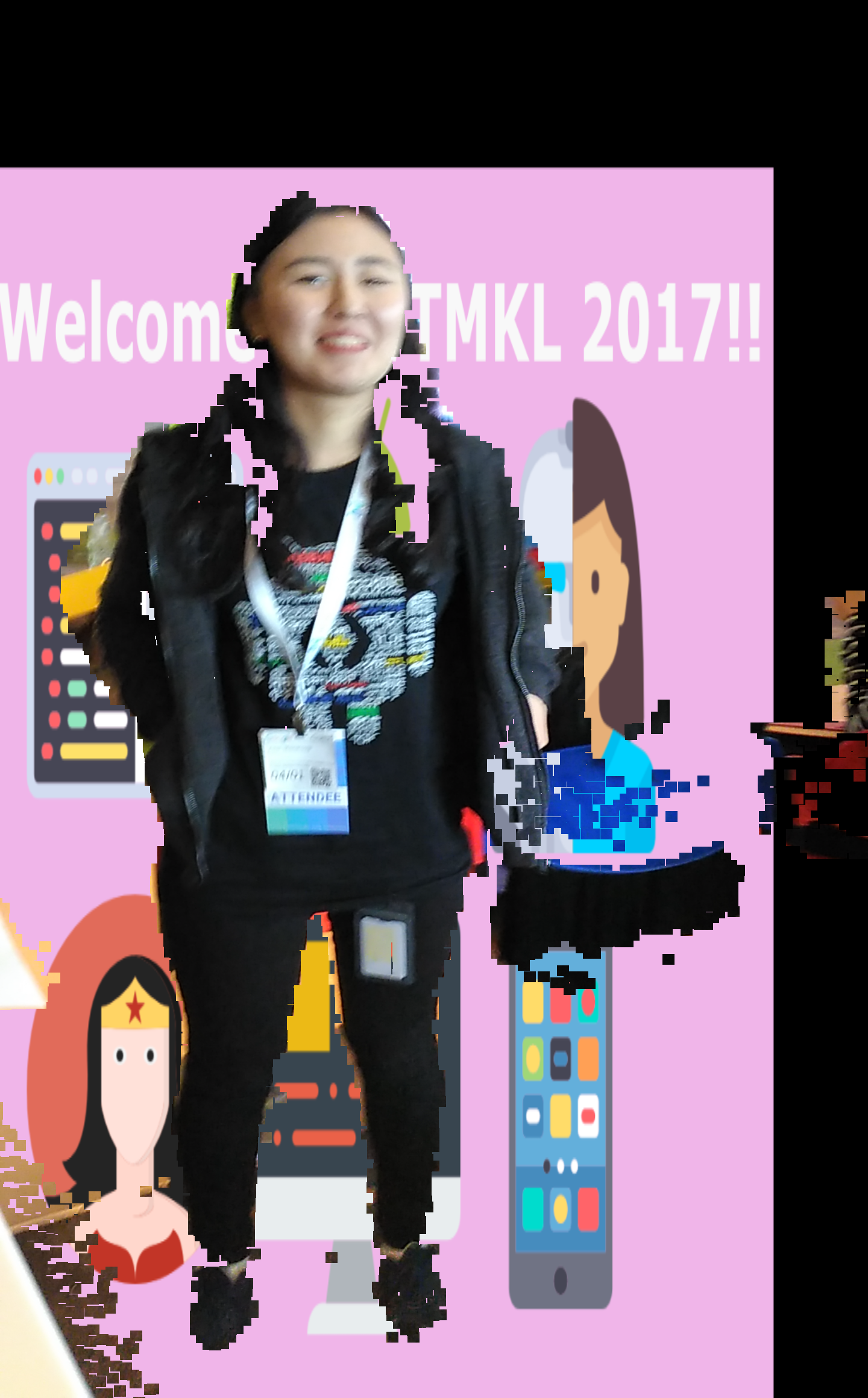 My amazing volunteer and the green screen demo. Sorry I'm not an artist. LOOL.