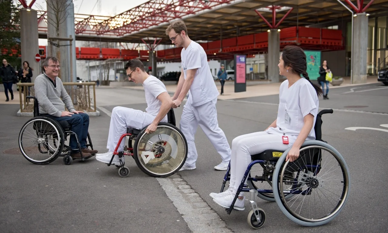 Ein Student der zmk im Rollstuhl überwindet lachend und mit Hilfe eines Mitstudierenden einen Trottoirrand. Eine Kollegin und der Experte - beide ebenfalls im Rollstuhl - schauen zu.