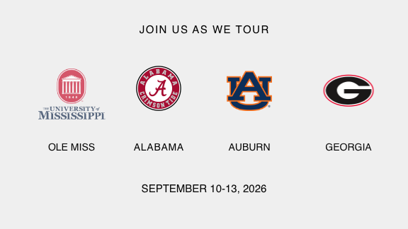 SEC Trip | Ole Miss, Alabama, Auburn & Georgia | September 10-13, 2026 | $3,300 + cost of flights