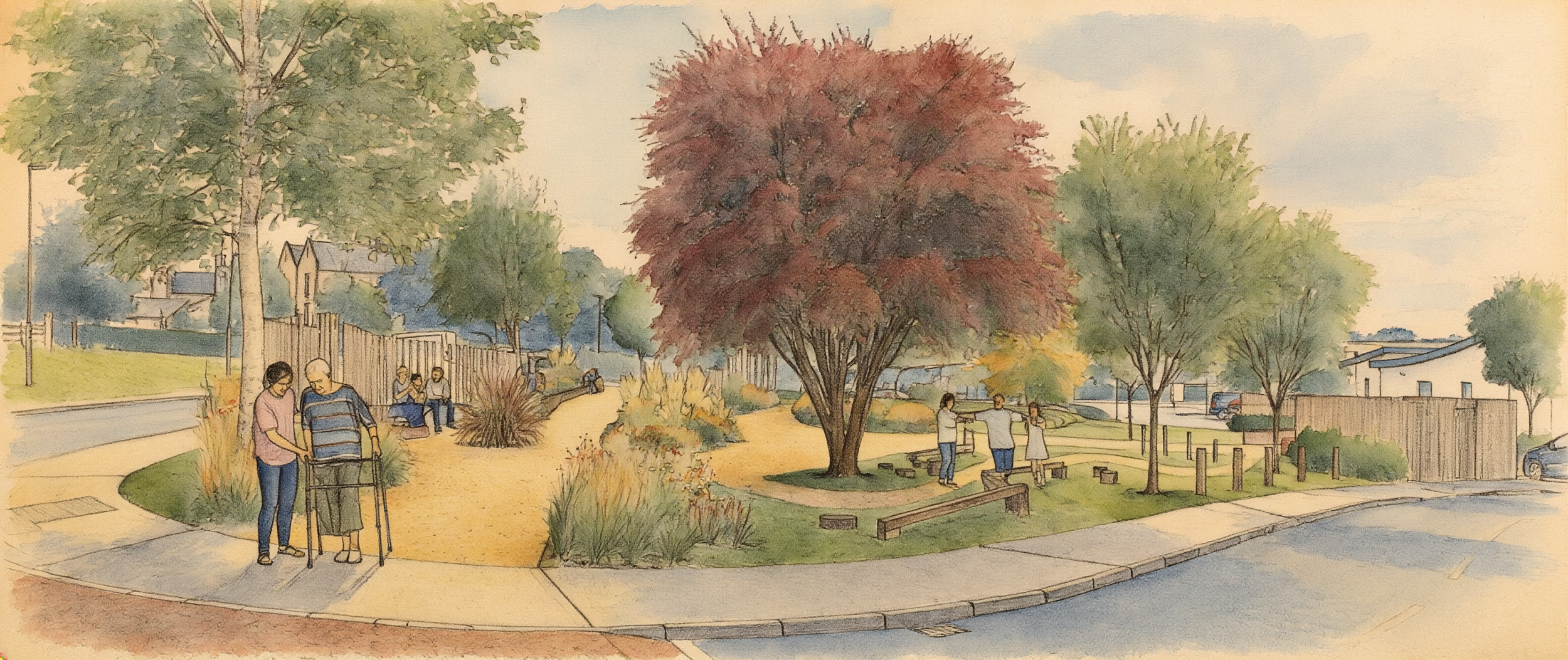 A watercolor painting of a park during autumn with trees, flowers, and people relaxing and walking. Some people are sitting on benches, while others are walking, talking, or using a camera. The sky is partly cloudy, and the setting appears peaceful and community-oriented.