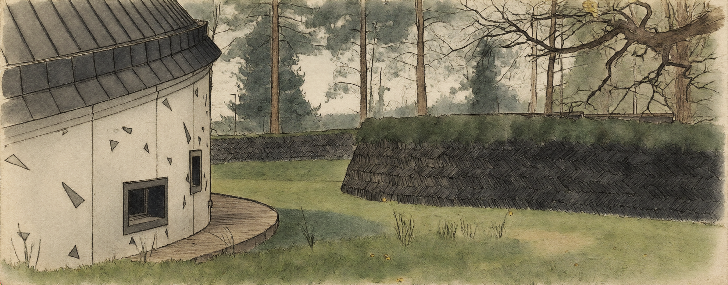 therapeutic garden design with herringbone slate and a turf bank in UK