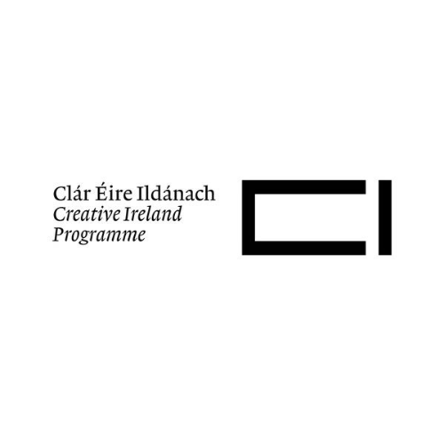 Logo with the text: Clár Éire Ildánach, Creative Ireland Programme, and a large stylized 'EI' in black.