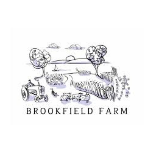 Illustration of a farm scene with trees, a barn, a tractor, farm animals, and fields, labeled 'Brookfield Farm'.