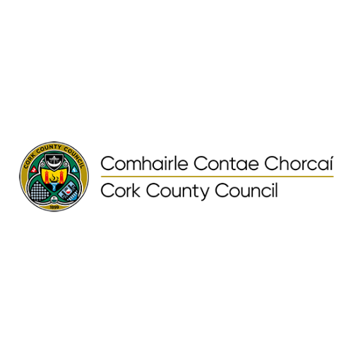 Cork County Council logo with Irish and English names, featuring a shield and local symbols.