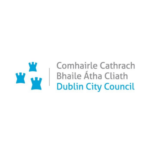 Dublin City Council logo with stylized blue castles and Irish text