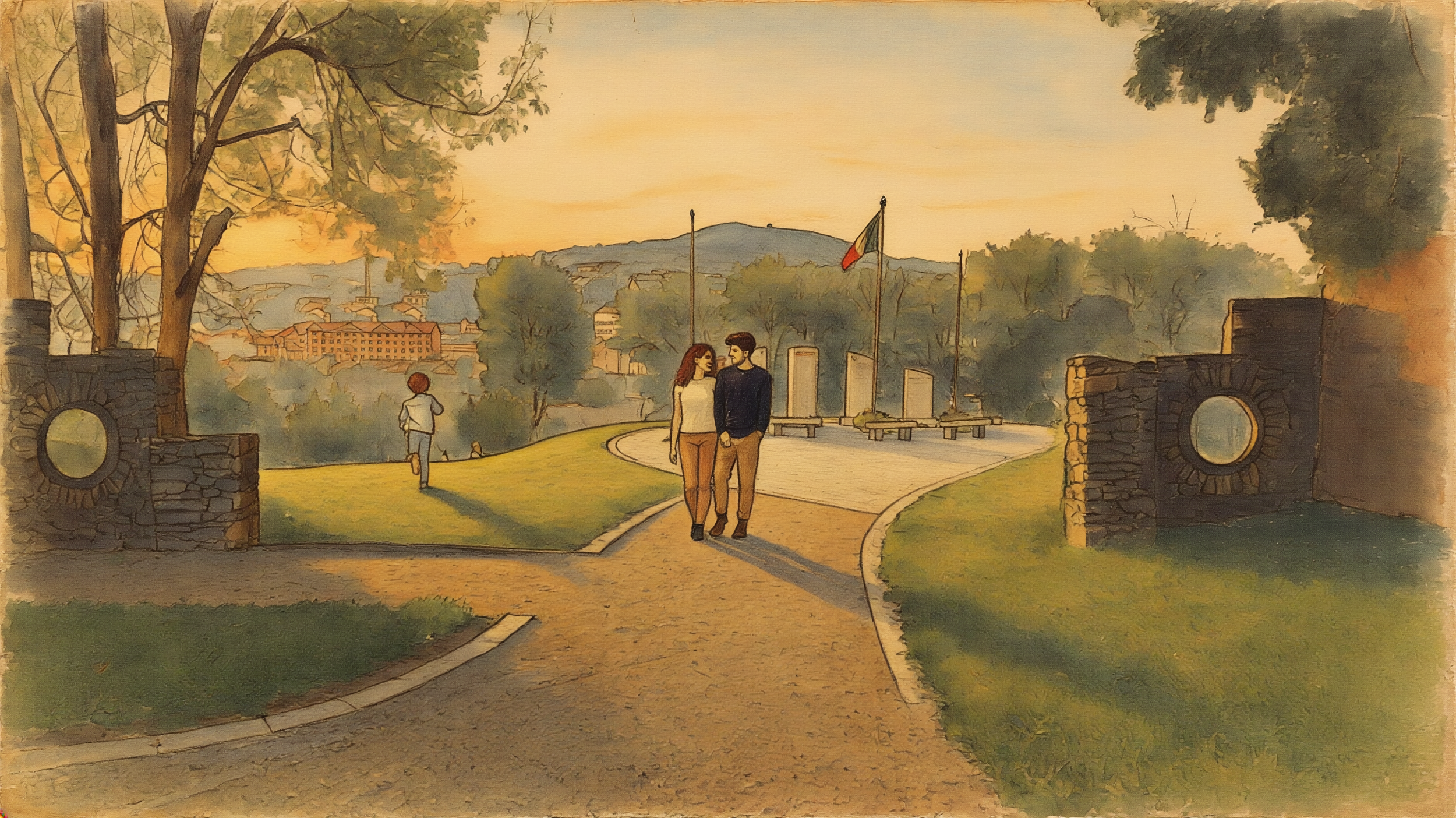 A watercolor painting of a park with a walking path, two stone entrance blocks with circular windows, a man and woman walking together, a child running in the background, trees, a hill with a town and buildings, and a French flag on a flagpole at sunset.