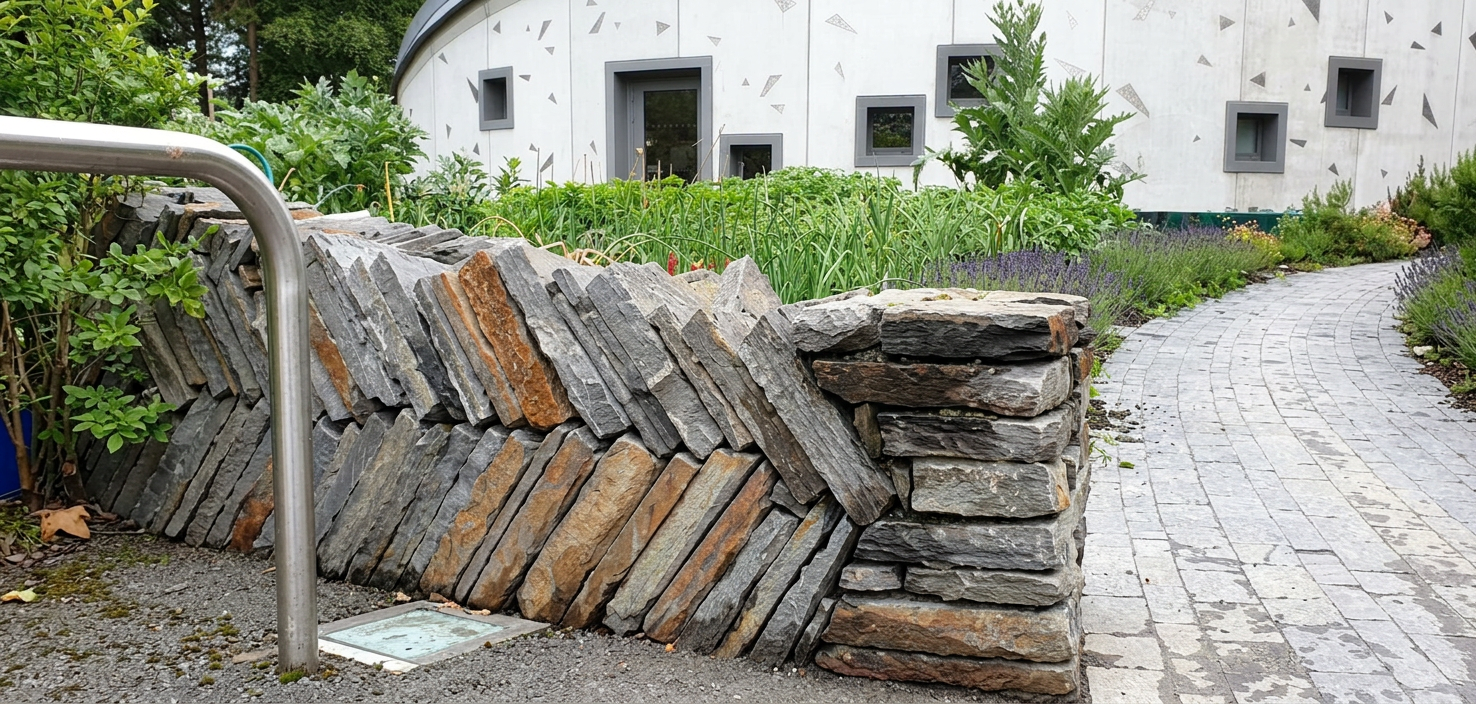 Stone wall with a mix of stacked irregular stones and rectangular pieces, next to a paved path with surrounding green plants and a modern building in the background.