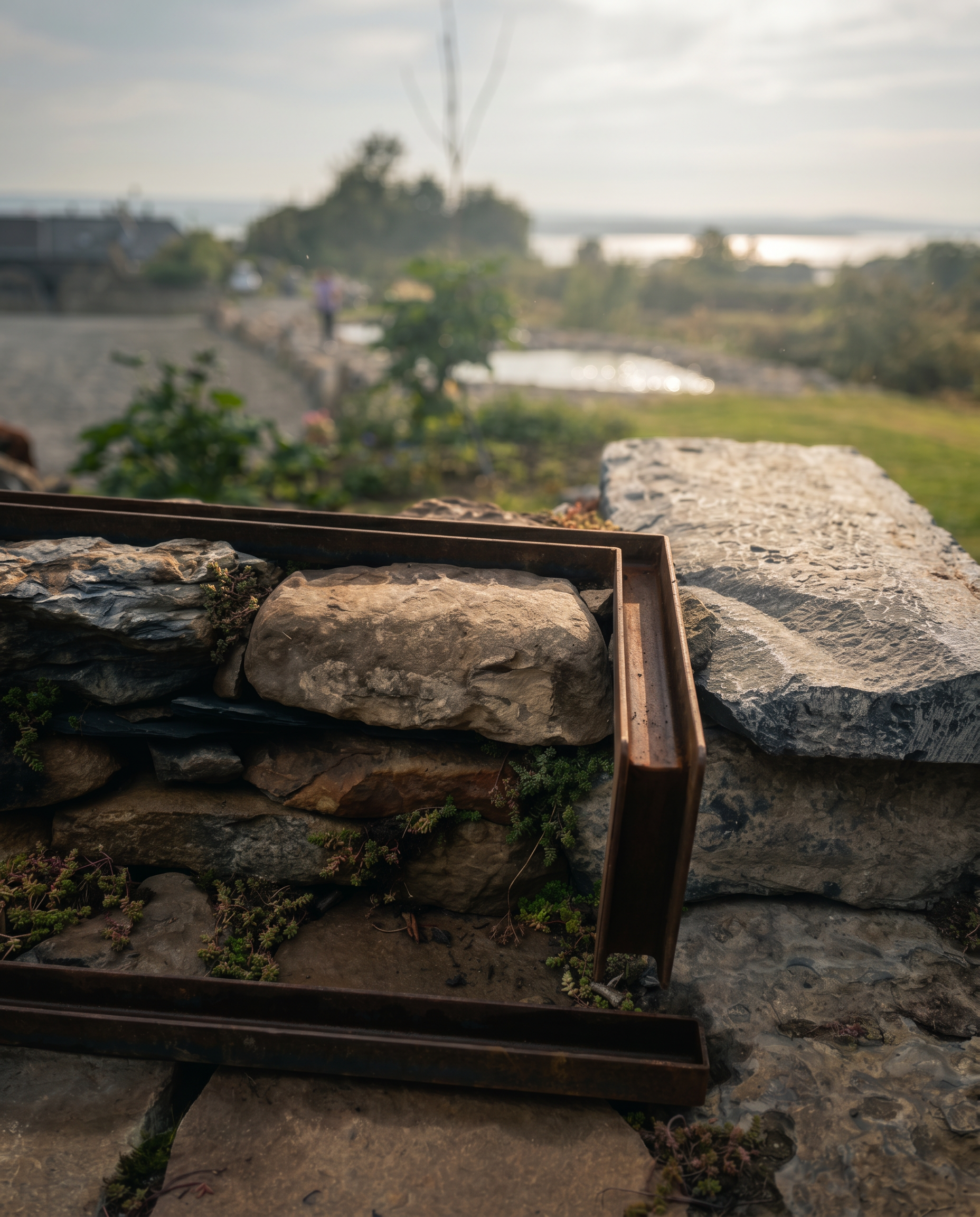 Blurred outdoor scene with a stone and metal boundary in the foreground, greenery, a person walking, body of water, and cloudy sky in the background.