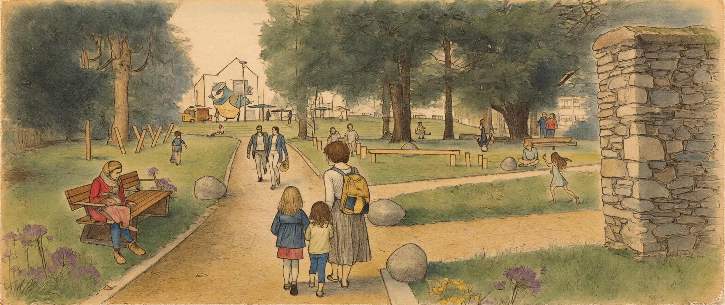 Illustration of a park scene with trees, benches, people walking, children playing, and a large bird sculpture in the background.