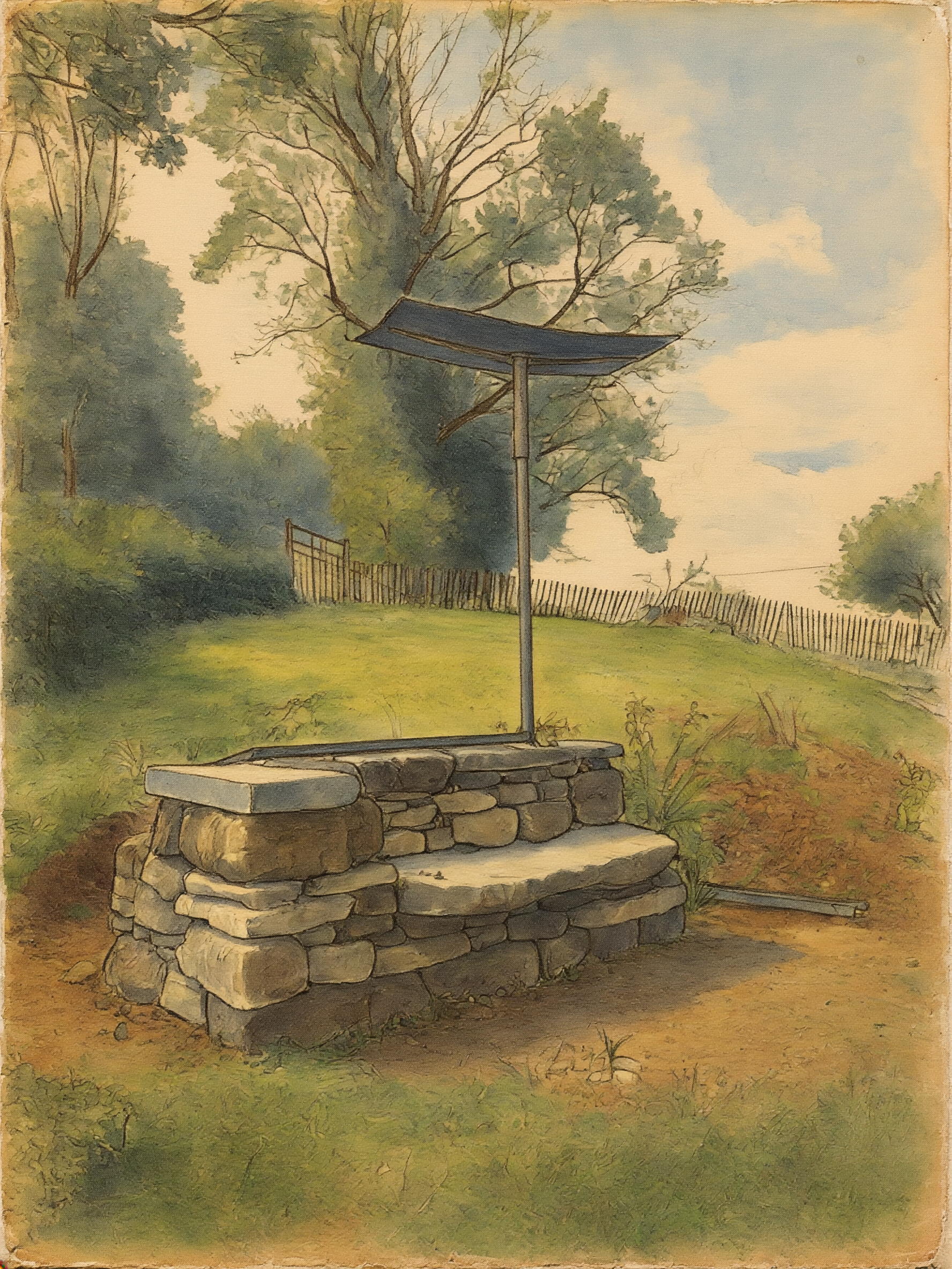 A watercolor painting of a stone well with a metal roof, set in a grassy area surrounded by trees and a simple wooden fence.