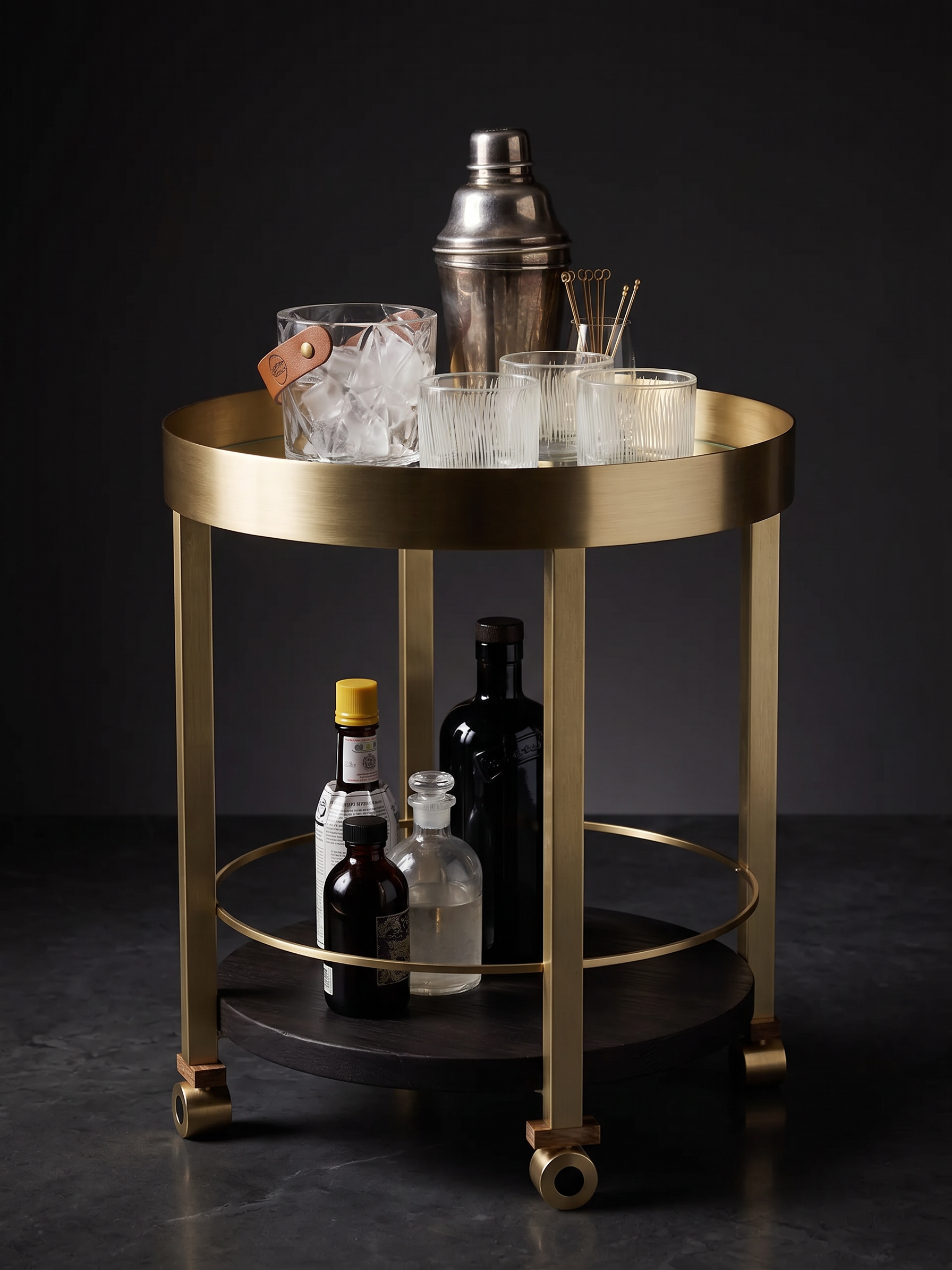 A gold-framed bar cart with a black top shelf containing clear glass cups, a cocktail shaker, and cocktail picks. The lower shelf has bottles, including a dark liquor and a clear bottle with a black cap. The cart is on a dark surface against a dark b