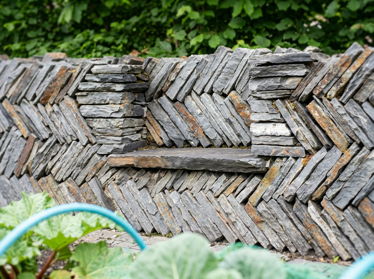 A stack of flat, gray slate stones arranged vertically, with a small open space in the middle that has a wooden plank shelf. Green foliage in the background and some plants at the bottom.