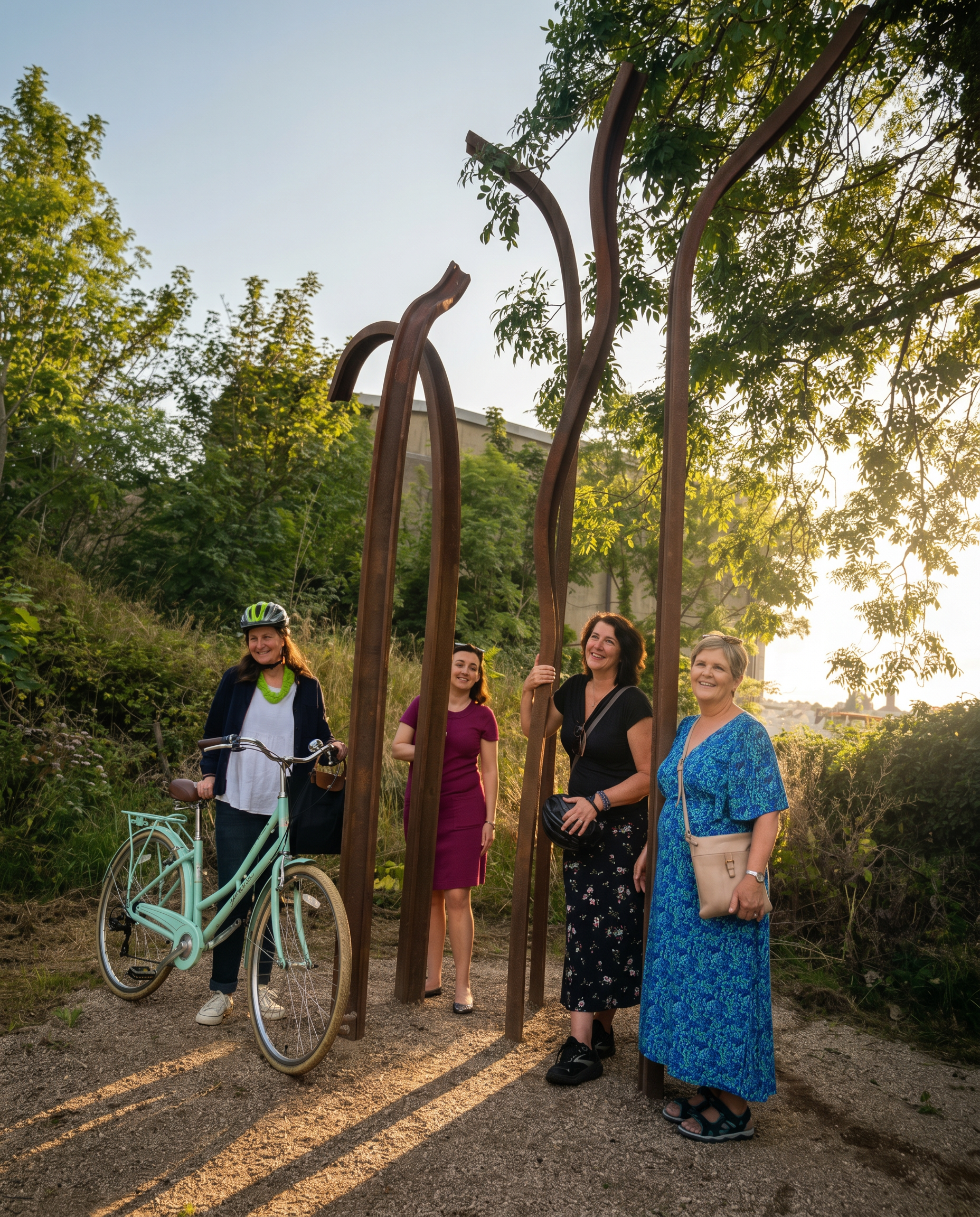 Four women and one person with a bicycle are gathered outdoors near a large metal sculpture of curved rods. The women are smiling and appear to be enjoying the moment. The scene is set in green, leafy surroundings during the late afternoon or early evening.