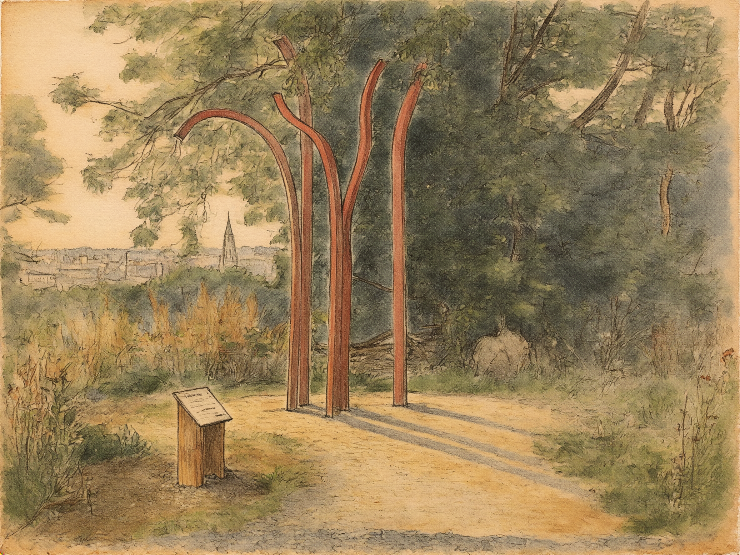 A watercolor painting of a park scene featuring three large red wooden sculptures resembling stylized trees, with a small informational sign on a stand and a taller signpost nearby. In the background, there is a distant view of a town with a church steeple and lush green trees surrounding the area.