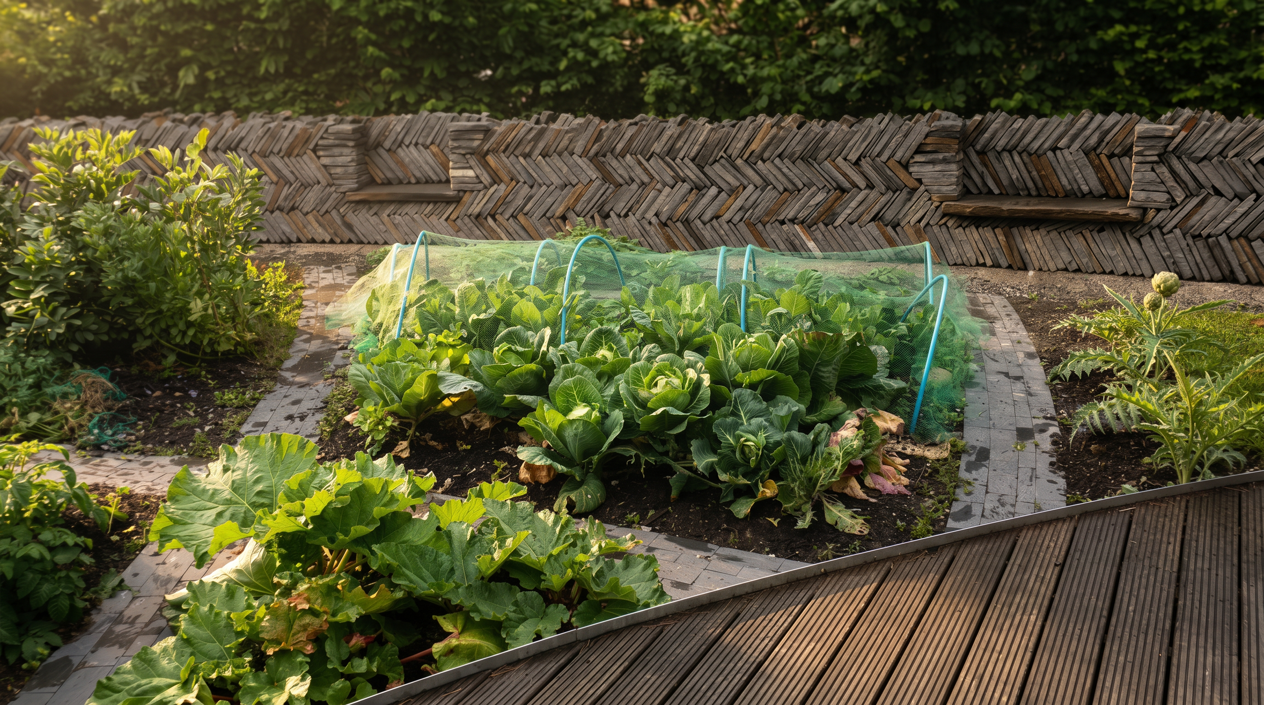 A garden with raised beds containing leafy green vegetables, covered with a fine mesh for protection, and a wooden fence in the background.