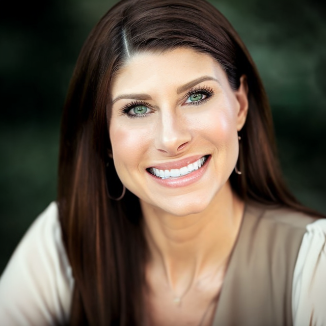 Close-up of a smiling woman with long brown hair, bright blue eyes, and wearing light makeup, outdoors with blurred greenery background.