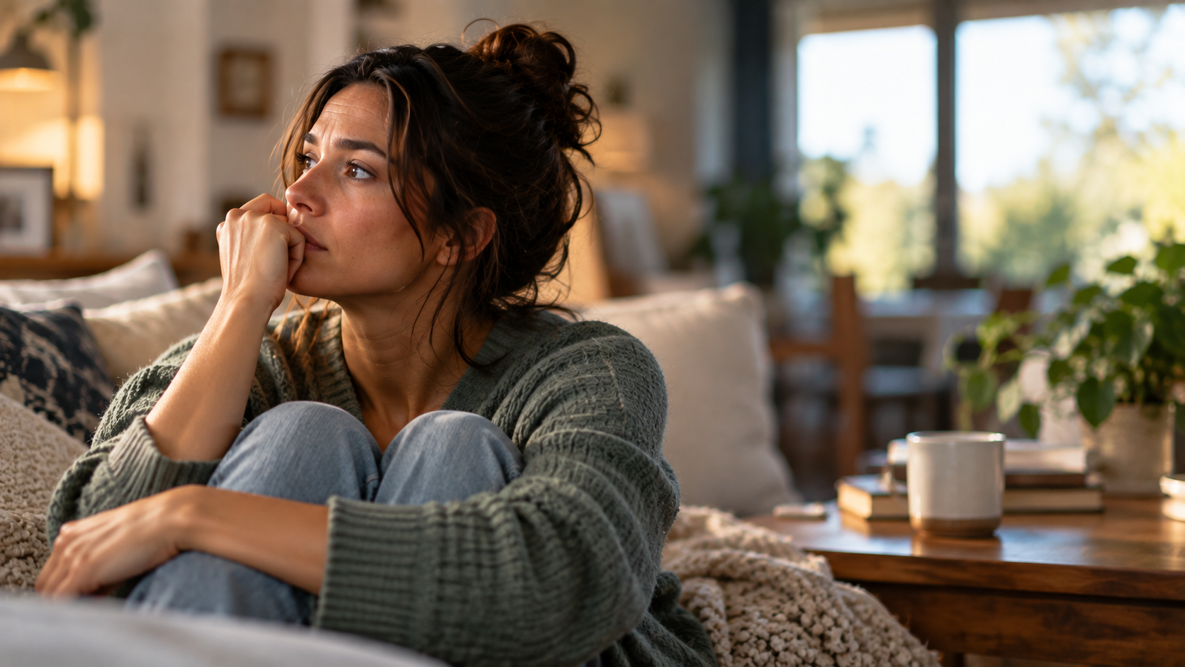 A woman sits curled up on a couch, looking thoughtful and uneasy.