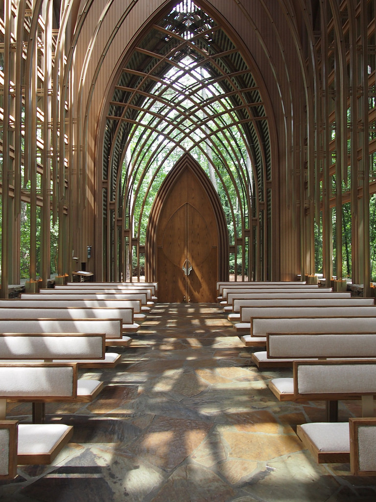The Mildred B. Cooper Chapel in Arkansas overlooks Lake Norwood. It is encompassed by towering pines and stately oaks. It was designed by architects E. Fay Jones and Maurice Jennings. Its open construction creates a harmony with it's natural surroundings. Many people feel at peace with God within nature rather than a building. The Cooper Chapel is a great blending of the two.