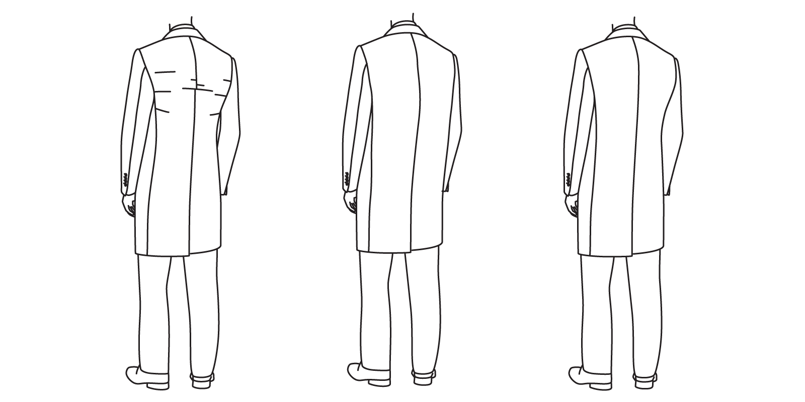 The back of the coat should not be so tight as to cause pulling (left), or loose enough to appear baggy (center). It should fall flat (right).
