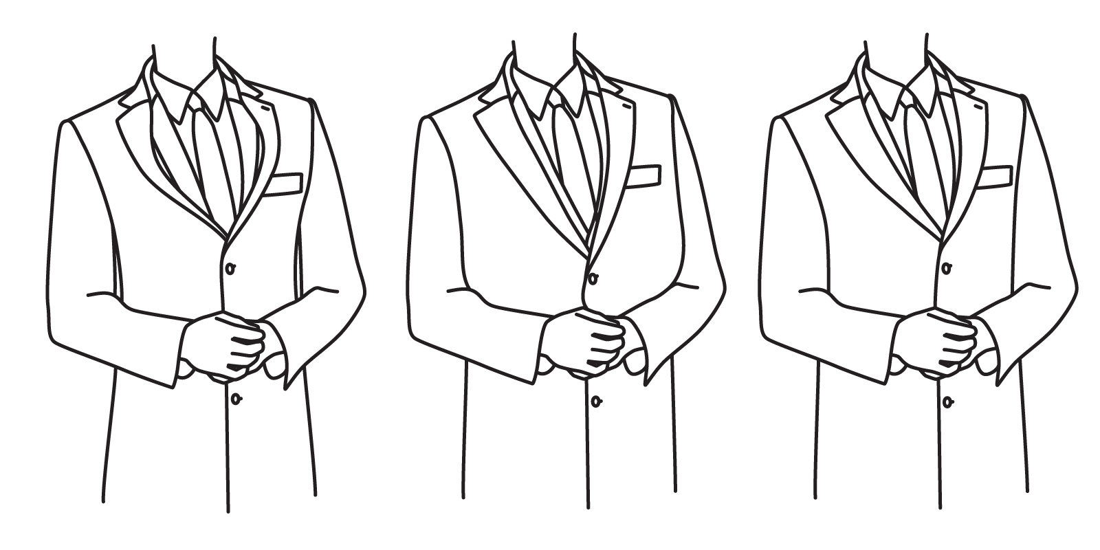 The chest should not be as tight as to cause lapels to bow (left), and should not be so loose as to appear baggy (center). It should fall flat without excess fabric (right),