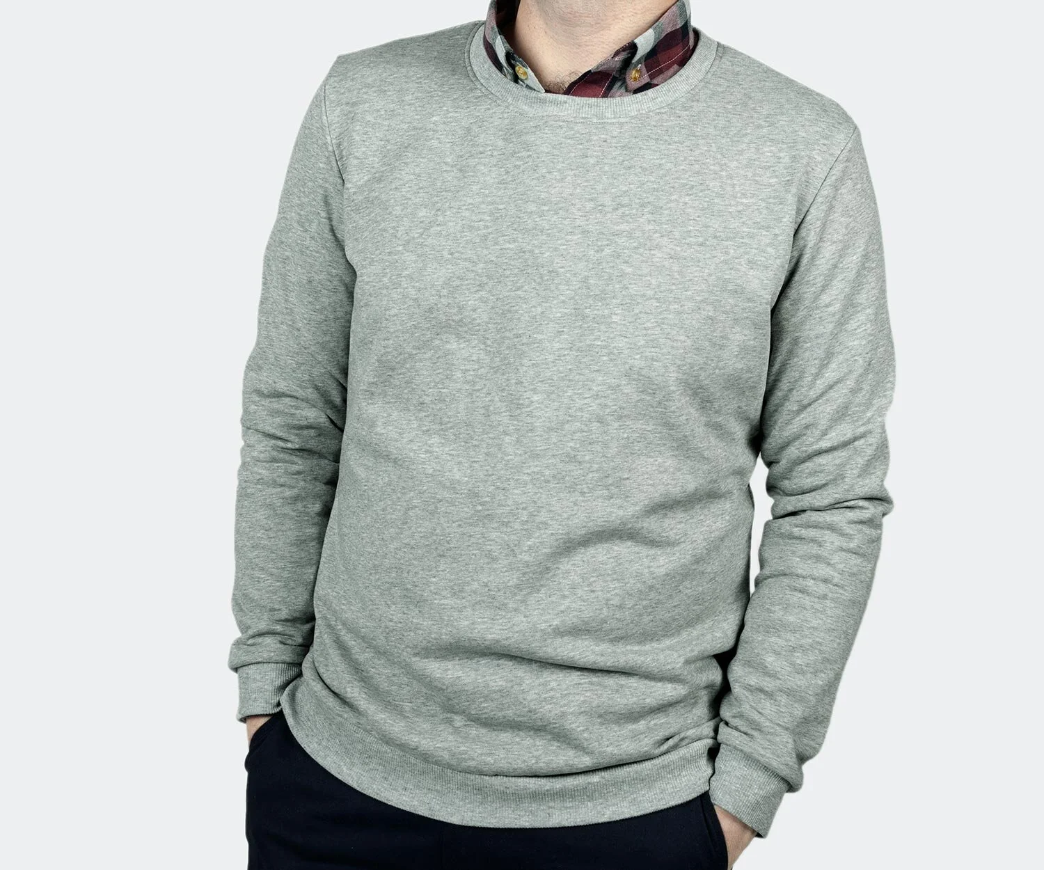 Our marl gray sweatshirt layered with a flannel cotton undershirt.