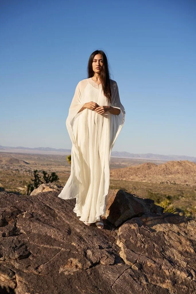 JESSICA MAU in a bias cut Seam Front Slip and Short Cape Shawl