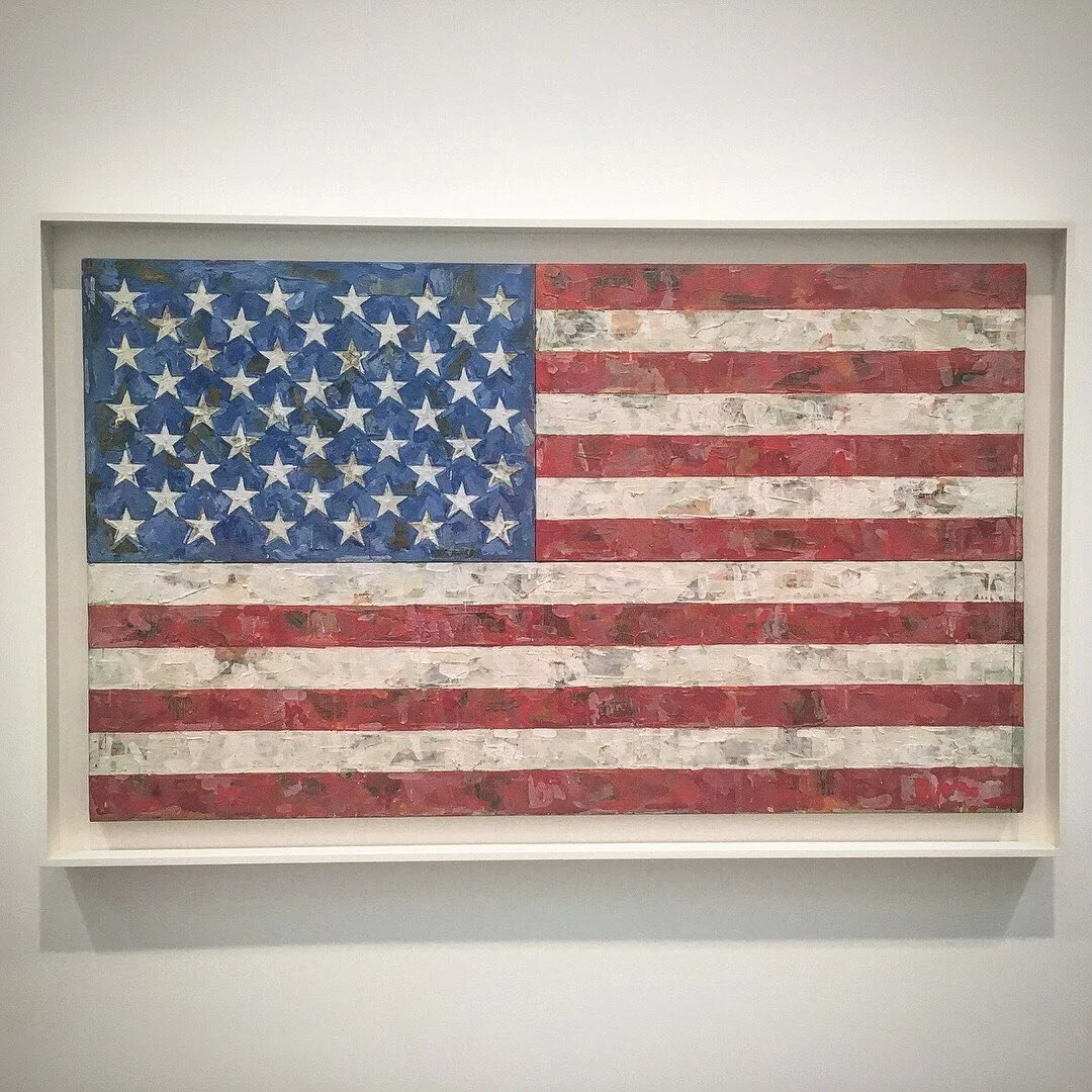 So much to celebrate. So much work yet to do. Jasper Johns Flag from 1958 and Robert Mapplethorpe&rsquo;s American Flag from the Pines in 1977.