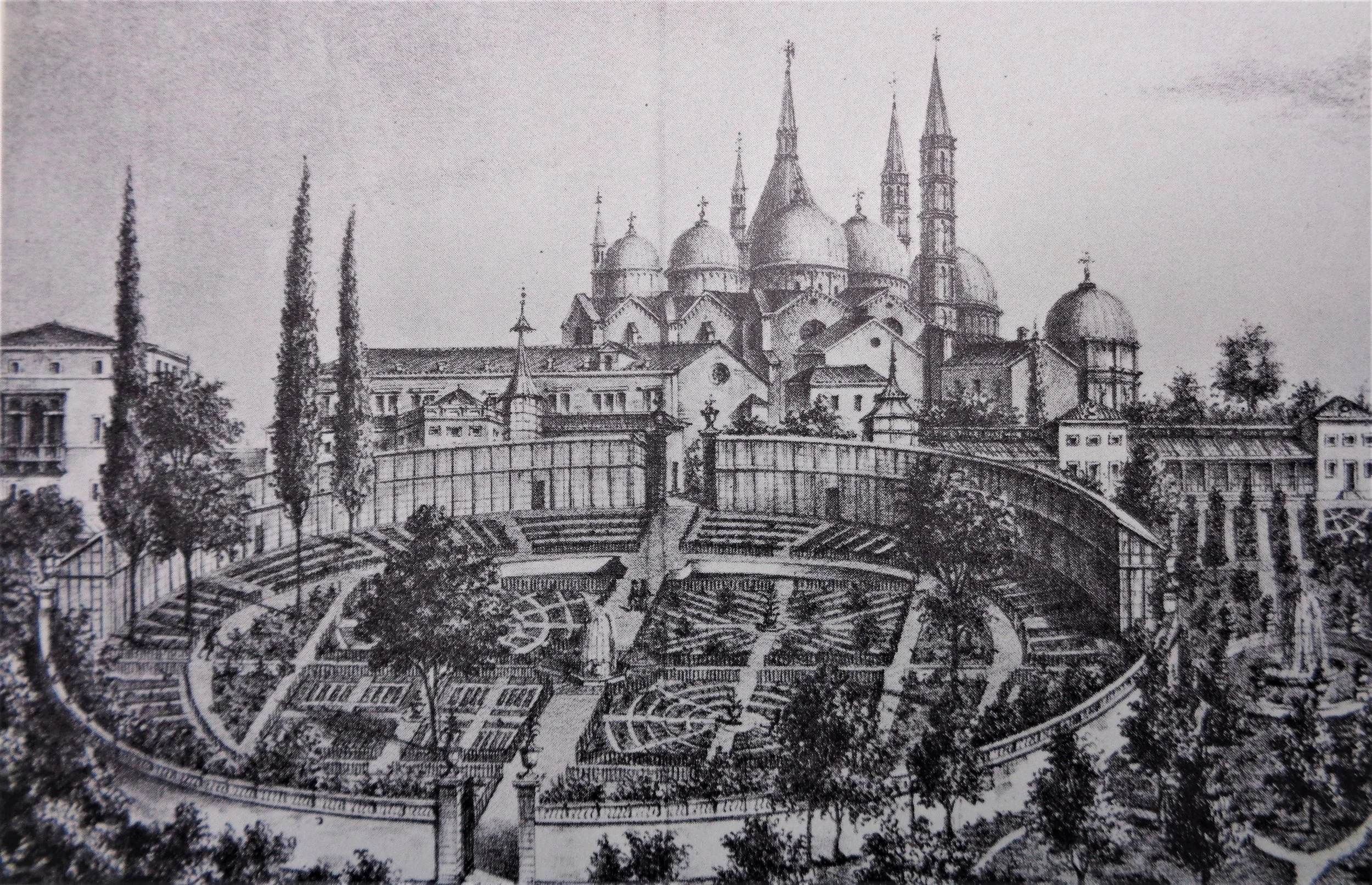 Image of the ancient area of Orto Botanico di Padova, in a print by A. Tosini, 1854.