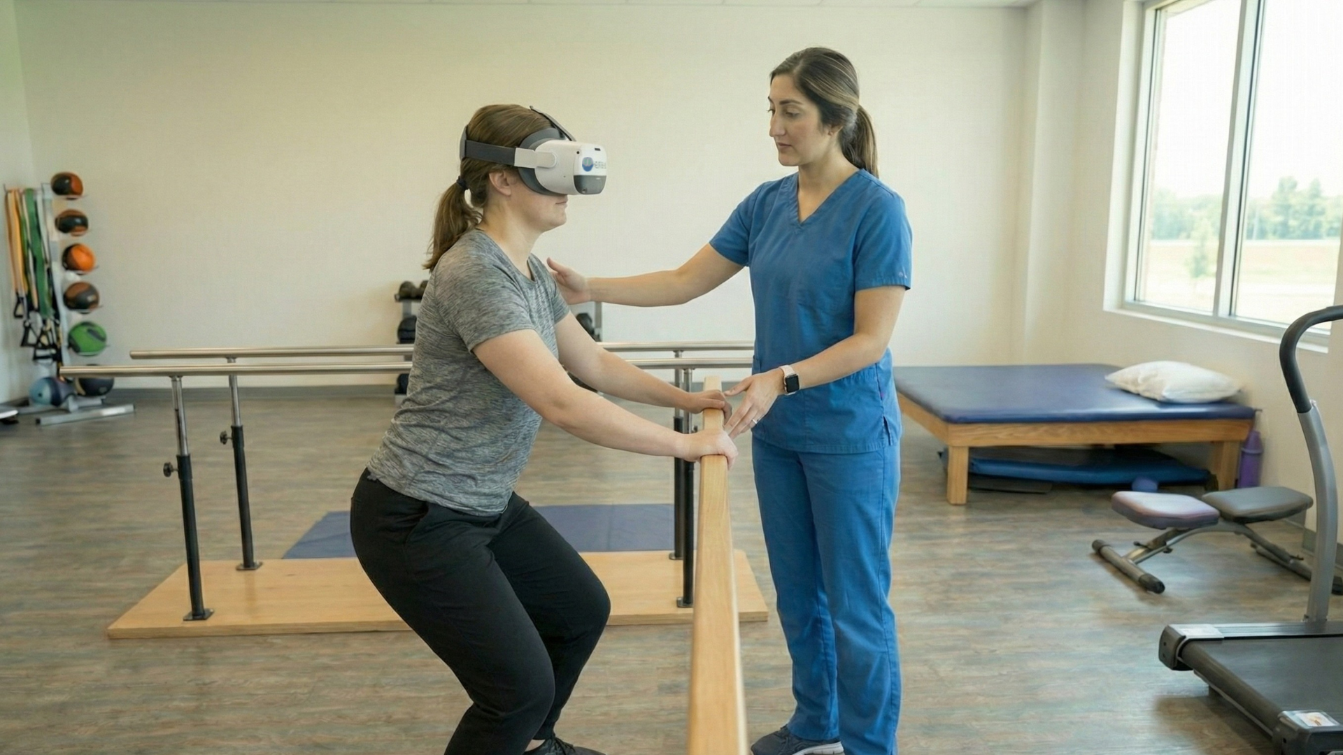 Patient using parallel bar with Smart Therapy Virtual reality headset on