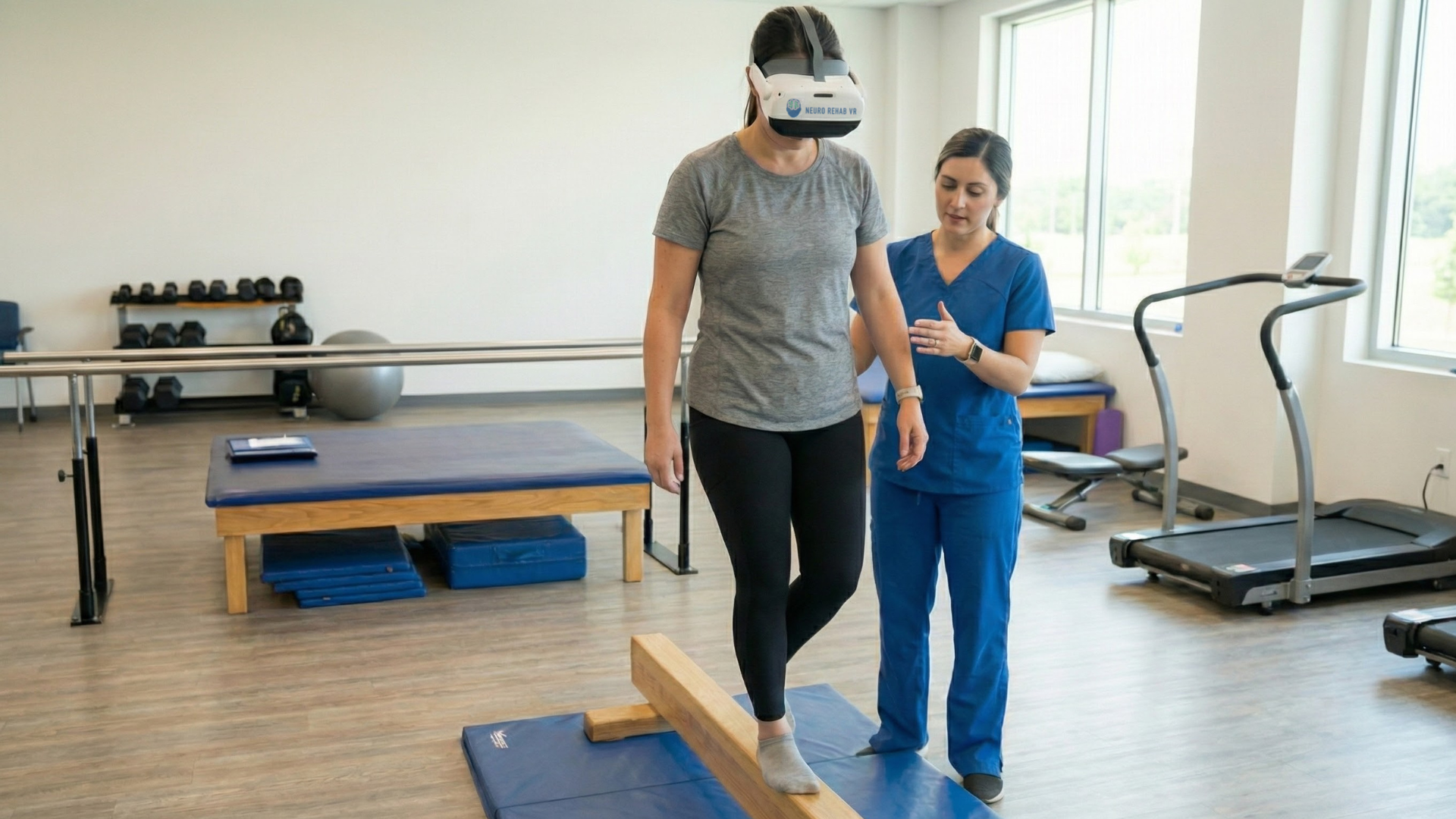 Patient standing on balance beam wearing Smart Therapy Solution