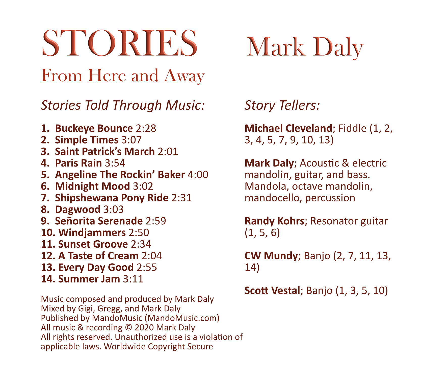 STORIES CD by Mark Daly (back cover with track and musician lists)