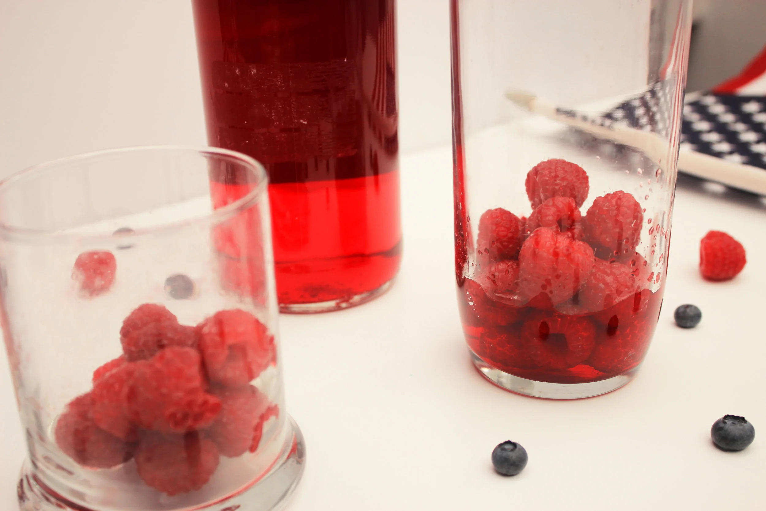 3. Place raspberries in bottom of tall glass and drizzle with grenadine