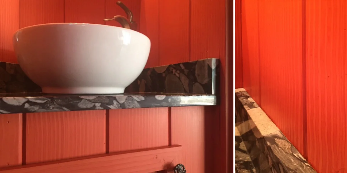 Red Combed Wall and Cabinet Treatment