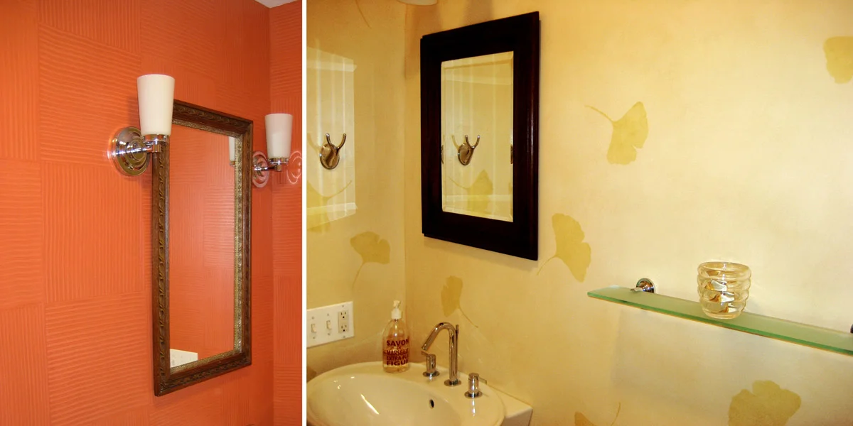 Red Combed and Gingko Stenciled Bathroom Walls