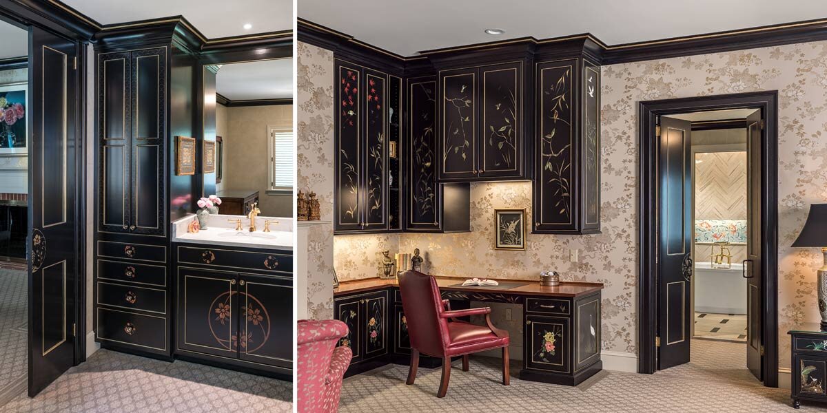  Chinoise, Hand-Painted, Black Lacquer Custom Cabinets-Collaboration with Artist Christie Prosser and Decorator Patricia Fortunato 