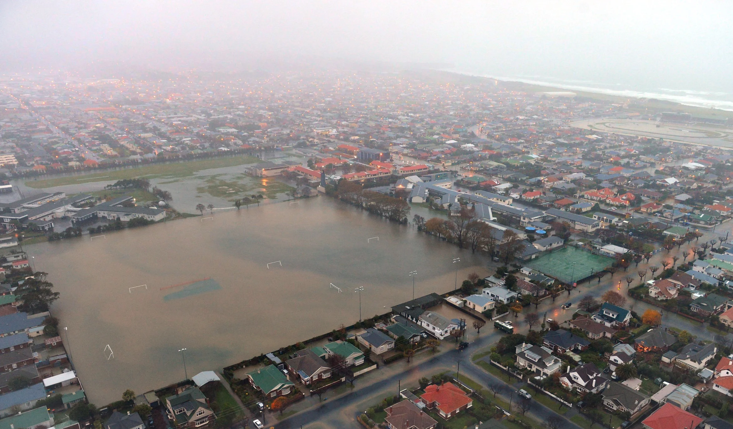 Figure 3: Tonga Park under water in the floods which inundated South Dunedin in June 2015 Photo: Stephen Jaquiery, Otago Daily Times, 16 Dec 2015