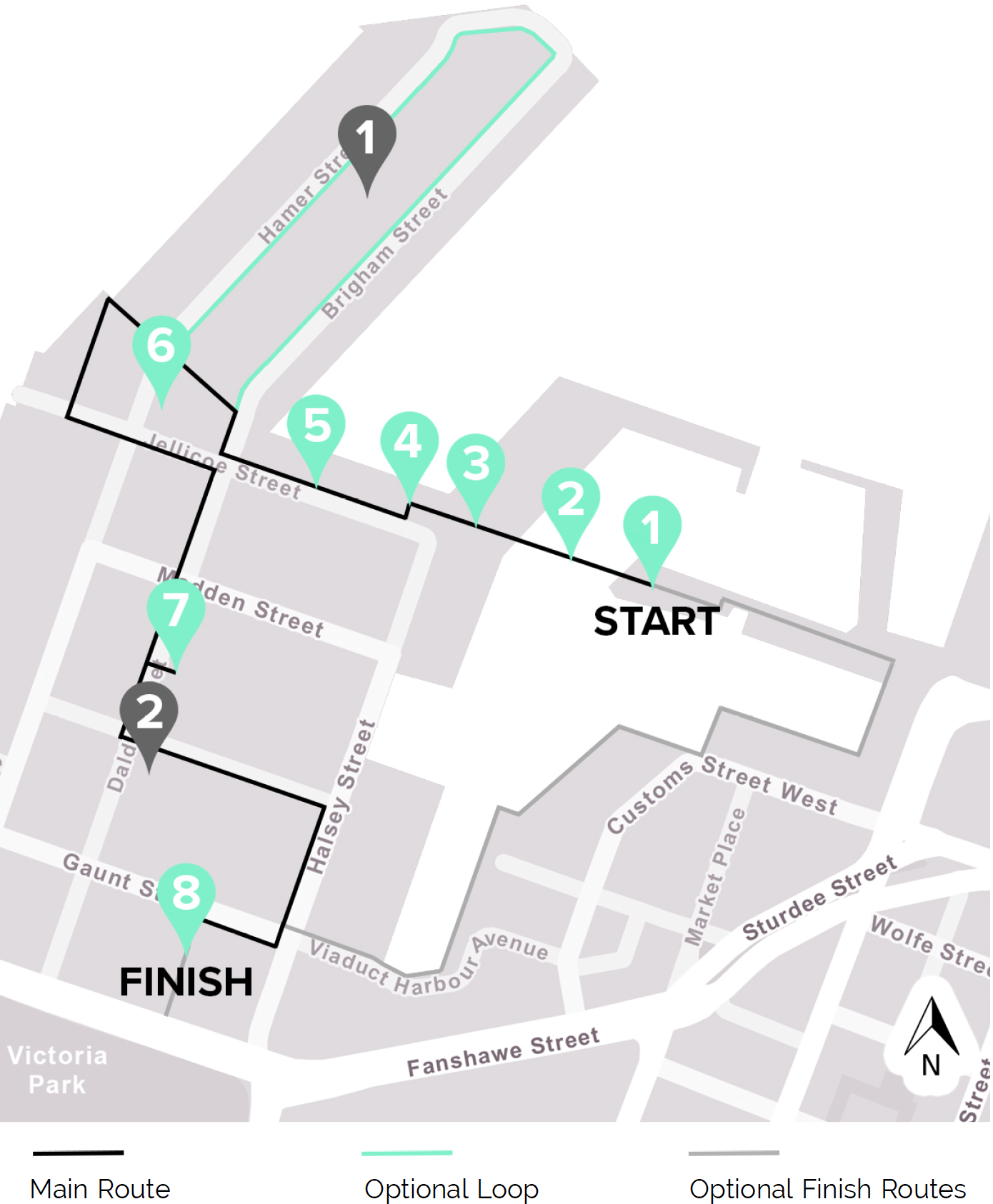 1. TE WERO ISLAND 2. TE WERO BRIDGE 3. KARANGA PLAZA 4. NORTH WHARF PROMANADE 5. JELLICOE STREET 6. SILO PARK 7. DALDY STREET 8. VXV PLAZA