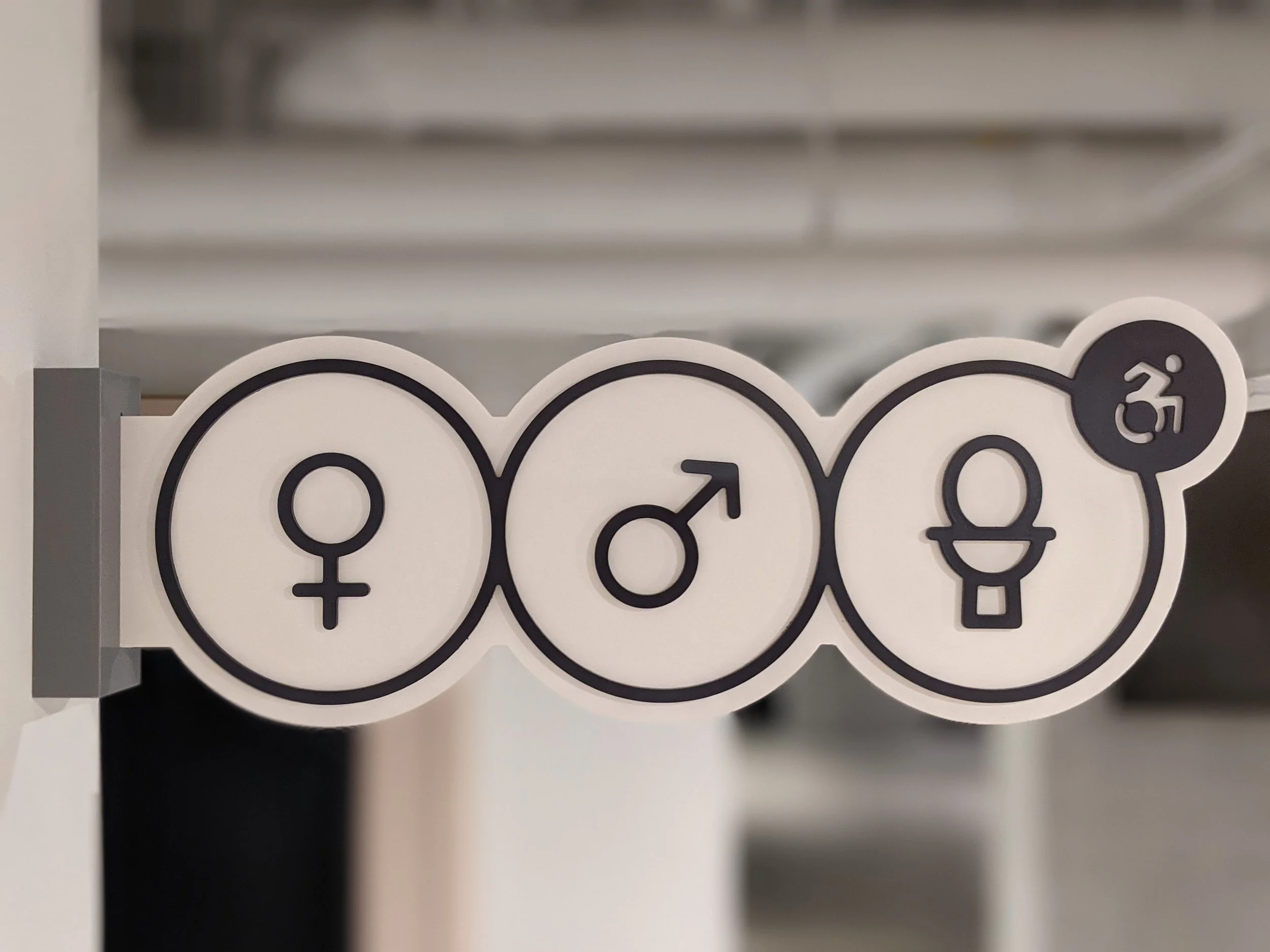 Sign with symbols representing female, male, and gender-neutral restrooms, with an additional symbol indicating accessibility for individuals with 3 degrees of disability.