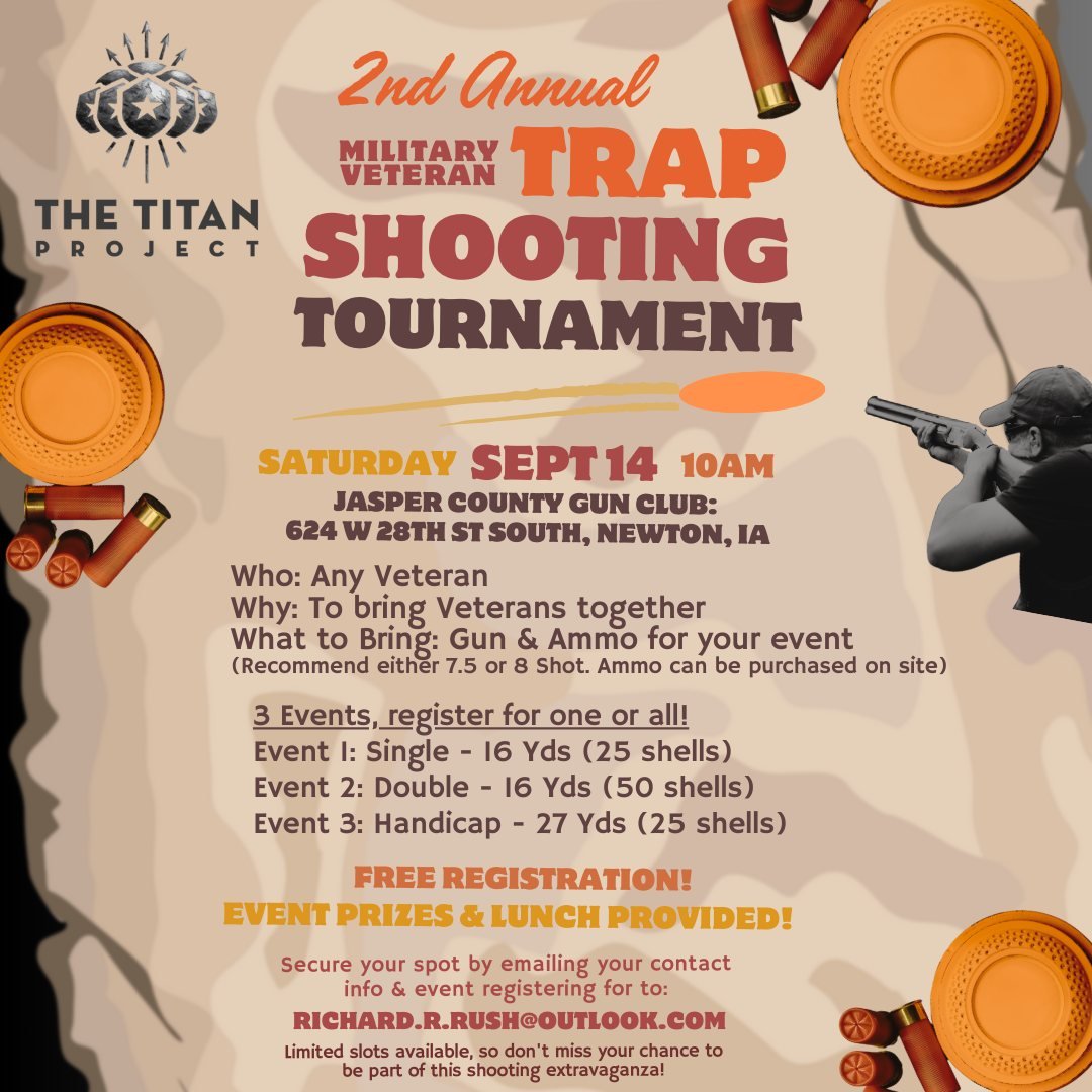 Please join us for our 2nd annual Trap Shoot Tournament on Saturday, September 14th at 10am.

Email Richard.R.Rush@outlook.com to register

Message us if you have any questions!