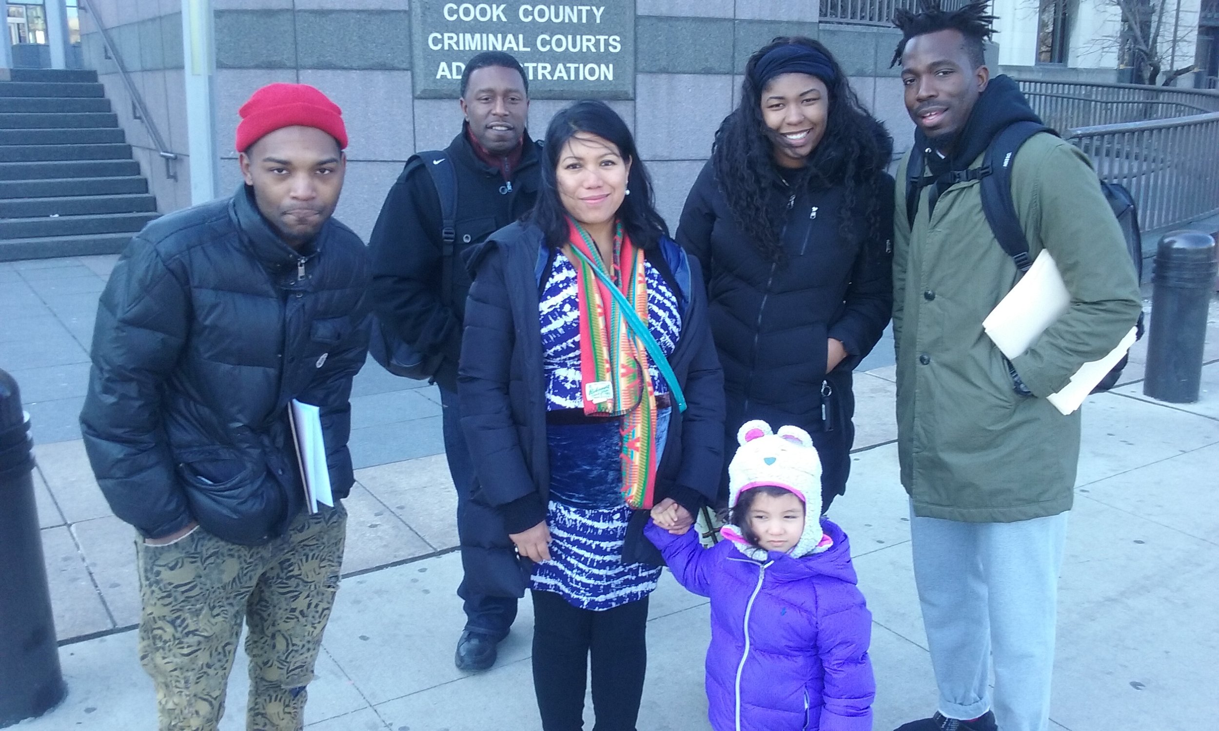 Working Family Solidarity and our ally the Workers' Center for Racial Justice, outside the enormous Cook Country (Chicago) jail facility. We reach out to African Americans and Latinos affected by our criminal justice system, to build solidarity between our communities as we look for work and try to stabilize our lives by having a place to live.