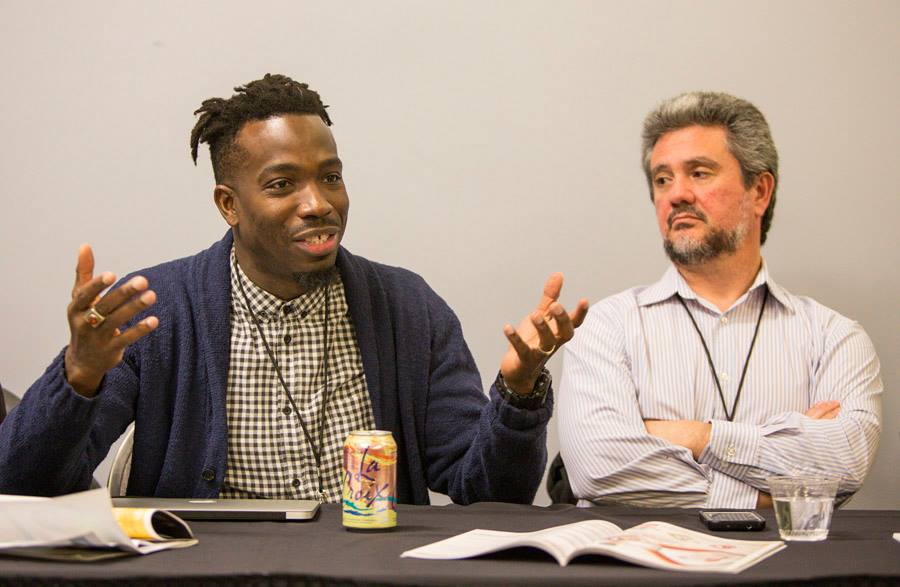 Richard Wallace, Deputy Director, Workers Center for Racial Justice , and Board President of Working Family Solidarity, makes a point about the critical importance of organizing workers and especially workers of color, in our food production system. Leone Jose Bicchieri, Founder and Executive Director of Working Family Solidarity (listening, to Richard’s left), was also a panel presenter regarding justice for food workers.