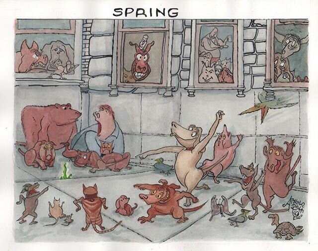 The Artist Creates a Bit of Flora, and The Webmaster and Assorted Fauna Celebrate Signs of Spring. #atreegrowsinbrooklyn #dogsofinstagram #spring2020 #earlyspring #arnoldroth #cartoonistsofinstagram #humblug