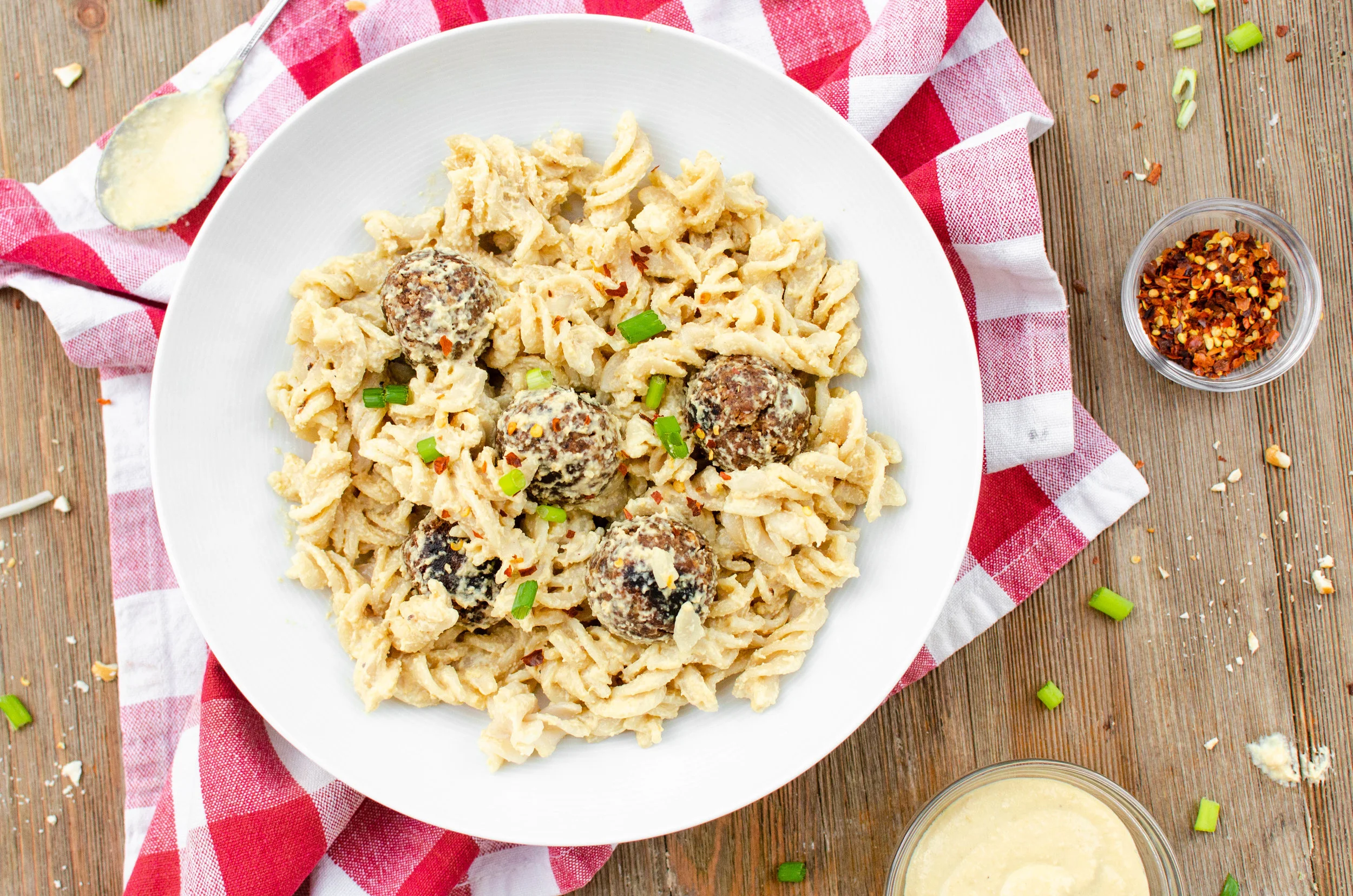 Gluten-Free, Vegan Pasta Alfredo with Meat-less Balls