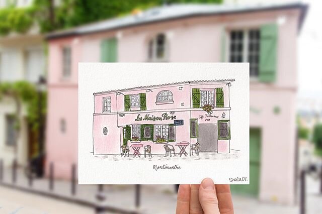 🇫🇷 Nestled on a cobbled stone corner of Paris&rsquo; charming Montmartre neighborhood, La Madison Rose has been serving up coffee to the local artists and writers for more than 100 years! 
Hand-drawn + watercolored illustration now available in my 