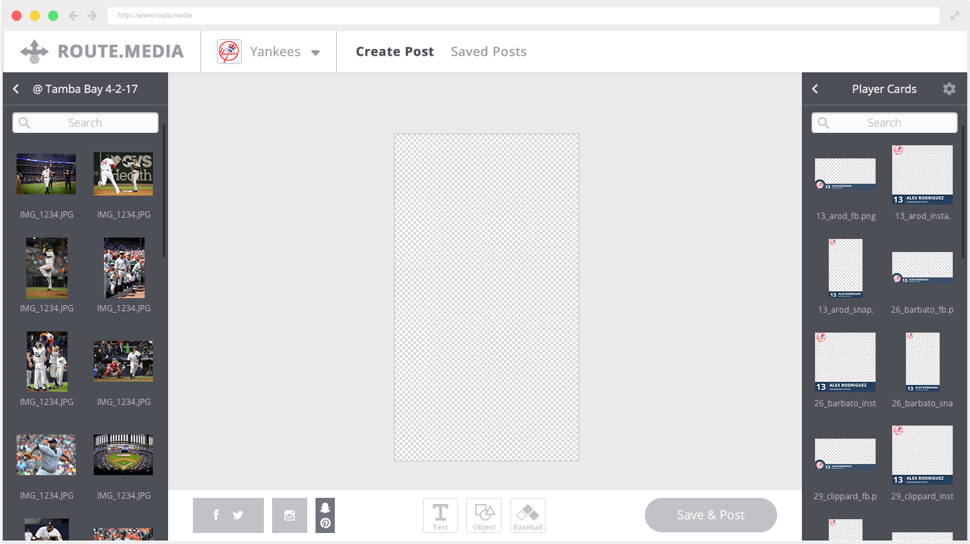 In the left browser the user can access game day photos as they are uploaded in real time. In the right browser the user can access prepared graphics to overlay the photo.
