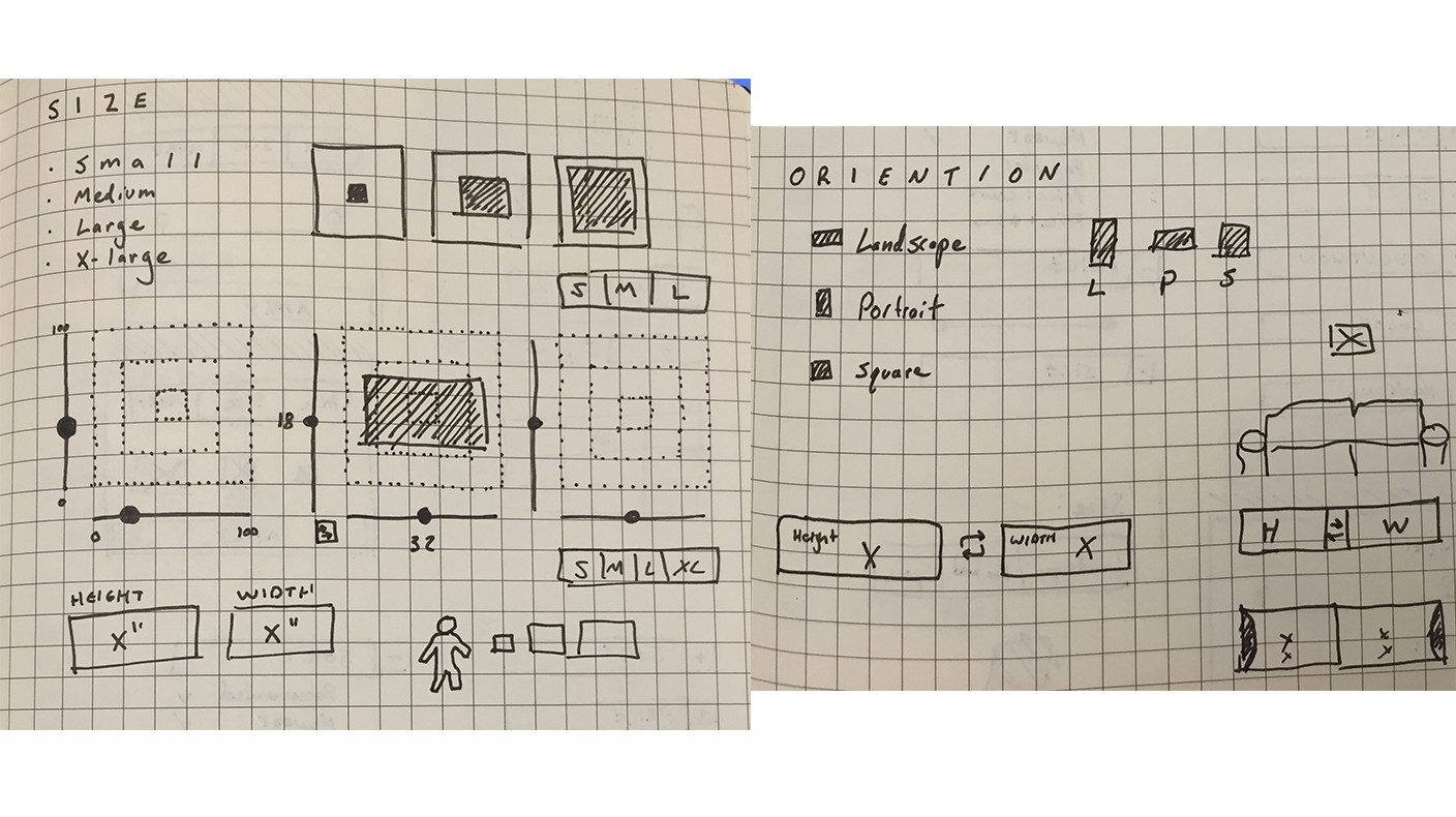 Exploring different UI options to select general sizes or specific dimensions.