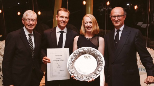 Winner of the Superfine Wool Trophy, David and Angie Waters (centre) with Paolo Zegna (far right) and ASWGA President Simon Cameron (Left). Photo: Karon Photography