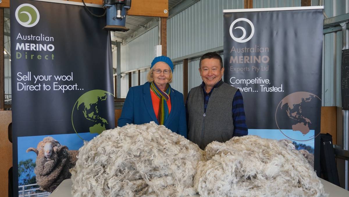 Along the chain: Superfine wool producer Susan Rowbottom of St Helens near Port Fairy with Mike Kuritani from Japanese textile producer Itochu at the Hamilton meeting for superfine wool growers.