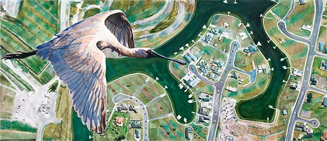 There Is No Planet B - Kotuku Ngutupapa over Whitianga Canals Watercolour, 300 x 700mm, $1500, available from studio