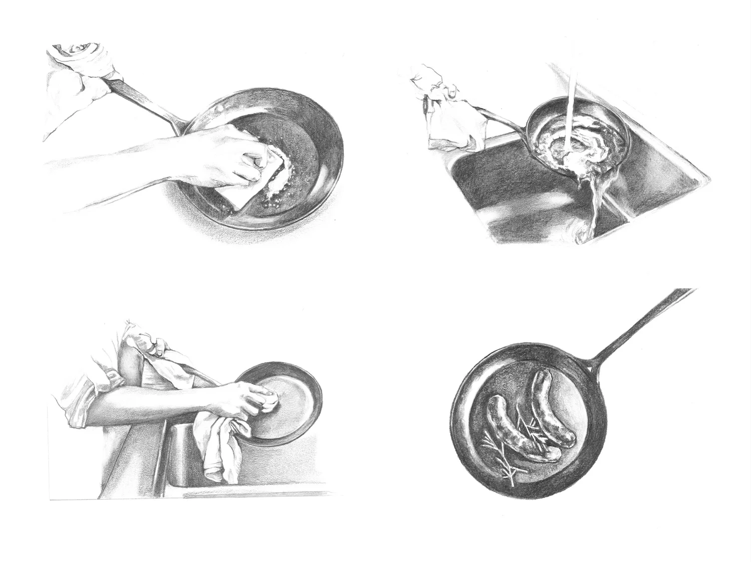 Custom drawing showing cleaning and use of cast iron pan Molly Reeder Virginia Food Illustrator